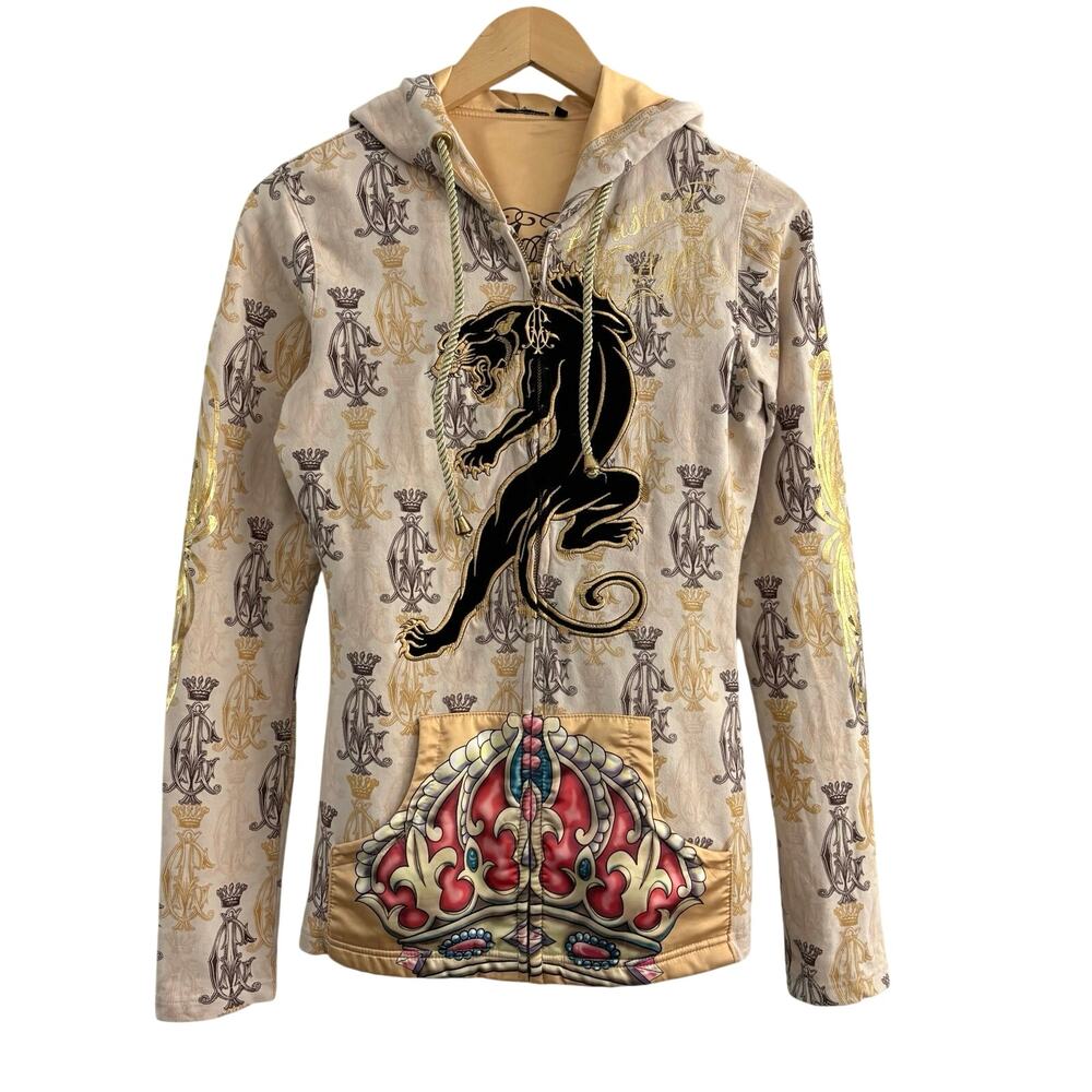 Vintage Christian Audigier Panther Embroidered Full Zip Hoodie Women’s Small Y2K